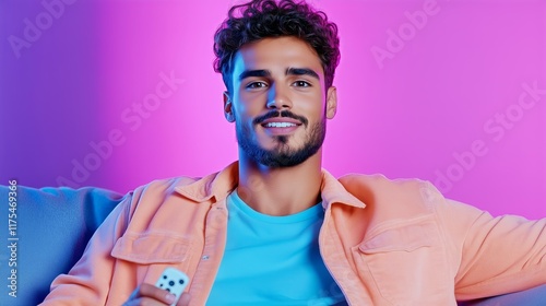 Smiling man holding remote against vibrant pink and blue background in casual outfit photo