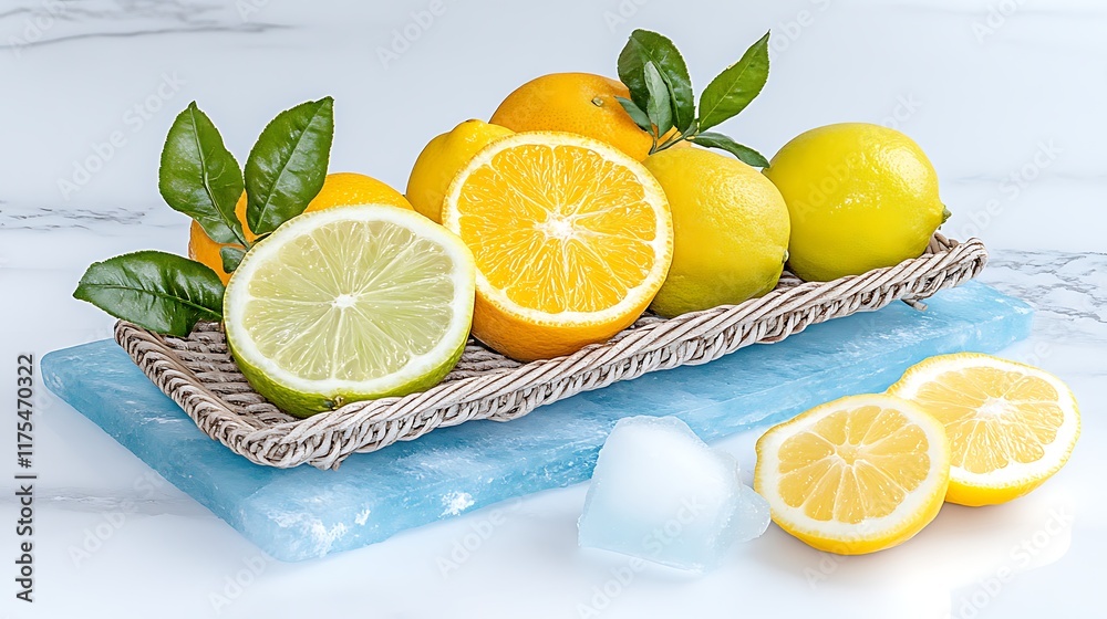 Fresh Lemons Limes Oranges Citrus Fruits in Basket with Ice Fresh Lemons Limes Oranges Citrus Fruits in Basket with Ice