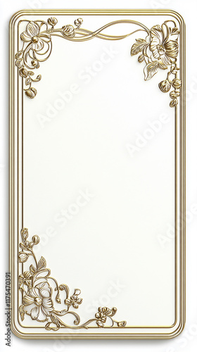 Rectangular Wedding Reception Menu Card with Gold Embossing and Floral Borders on a White Background