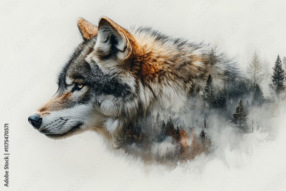 Fototapeta premium Majestic Wolf Portrait Embracing Misty Forest Scene