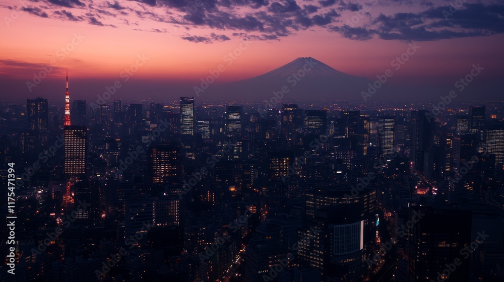 Obraz premium Cityscape view with Fuji at sunset.