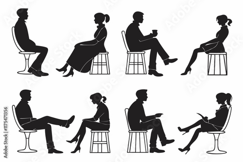 set of men and women sitting on chair icons vector