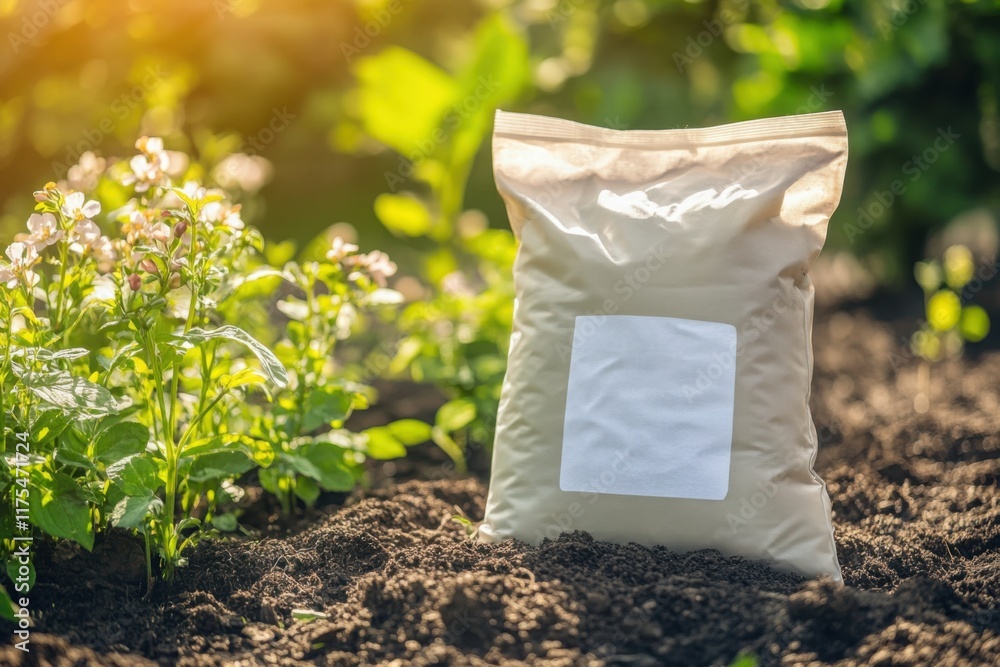 Fertilizer bag placed on fresh soil in a garden with blooming plants under sunlight, showcasing eco-friendly gardening concept Fertilizer bag placed on fresh soil in a garden with blooming plants under sunlight, showcasing eco-friendly gardening concept