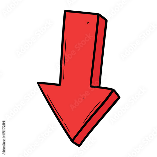 Hand drawn cartoon red arrow pointing down on white background.