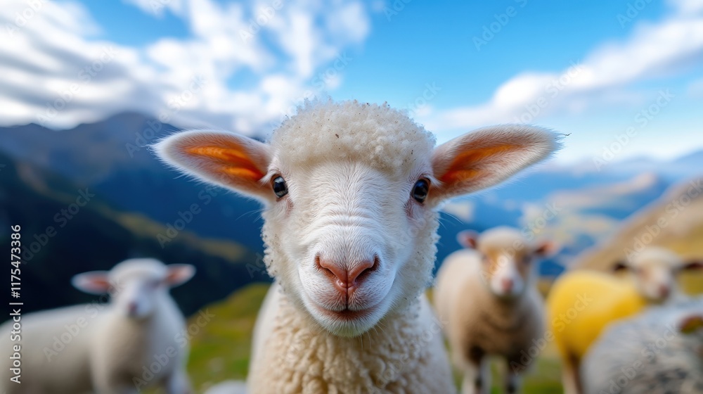 Obraz premium A delightful scene showcasing a group of sheep in a picturesque mountain meadow. The clear blue sky and vibrant landscape add charm and vitality to their serene presence.