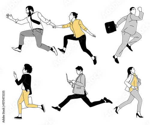 Set of business men, women running full length front, side view. Different people wearing formal suit, tie with briefcase in hurry to success. Vector illustration isolated on transparent background