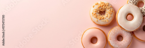 A delightful assortment of donuts with various toppings like sprinkles and icing, arranged on a soft pink background, inviting viewers to indulge sweet cravings. photo