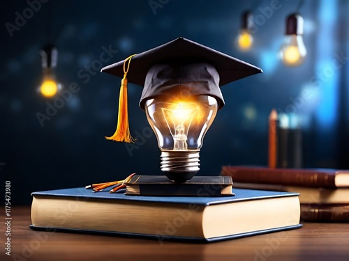 Education, innovation, and knowledge concepts with graduation cap, lightbulb, book, and classroom icons