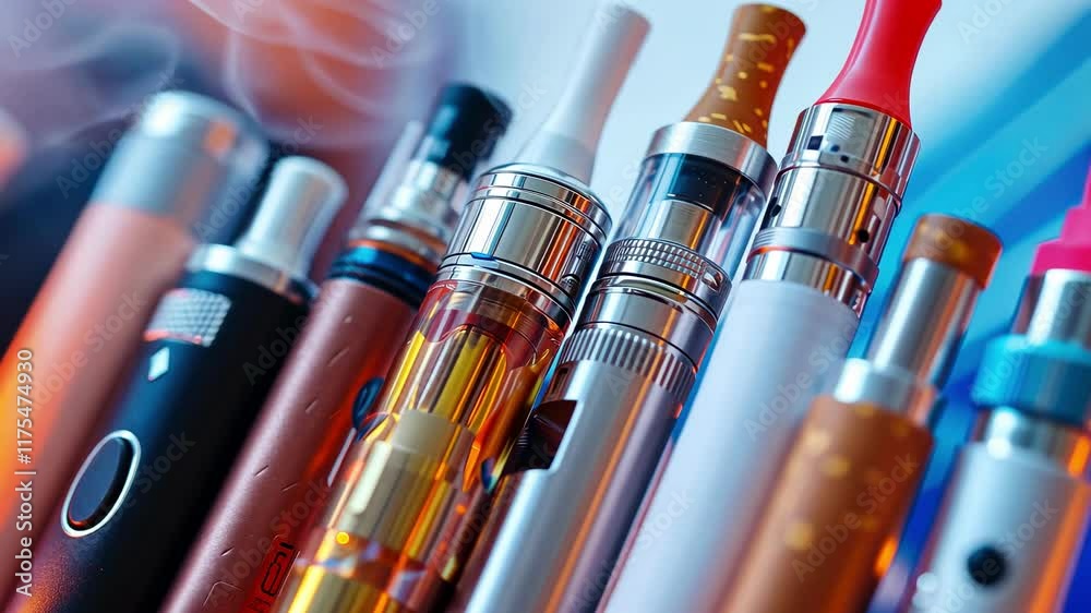 A set of multi-colored disposable electronic. Concept of modern smoking, vaping and nicotine.