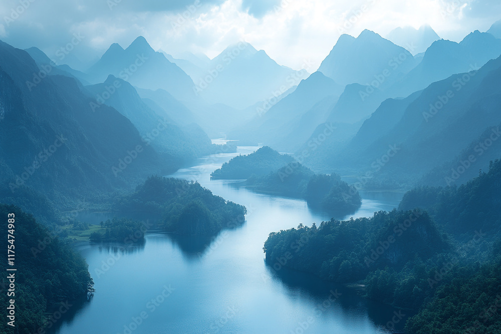 Obraz premium Serene Blue Mountains Lake Landscape Scene