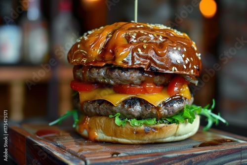 Tasty double burger with lots of melted cheese, vegetables and sesame bun, lying on a wooden board in a restaurant photo