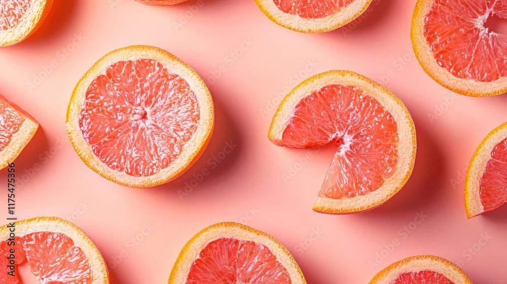 Pink Grapefruit Slices on Pink Background Pink Grapefruit Slices on Pink Background