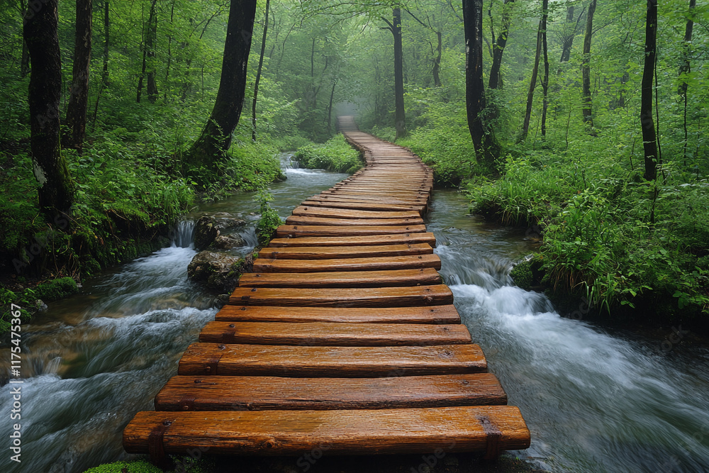 Obraz premium Wooden walkway meanders through a lush green forest