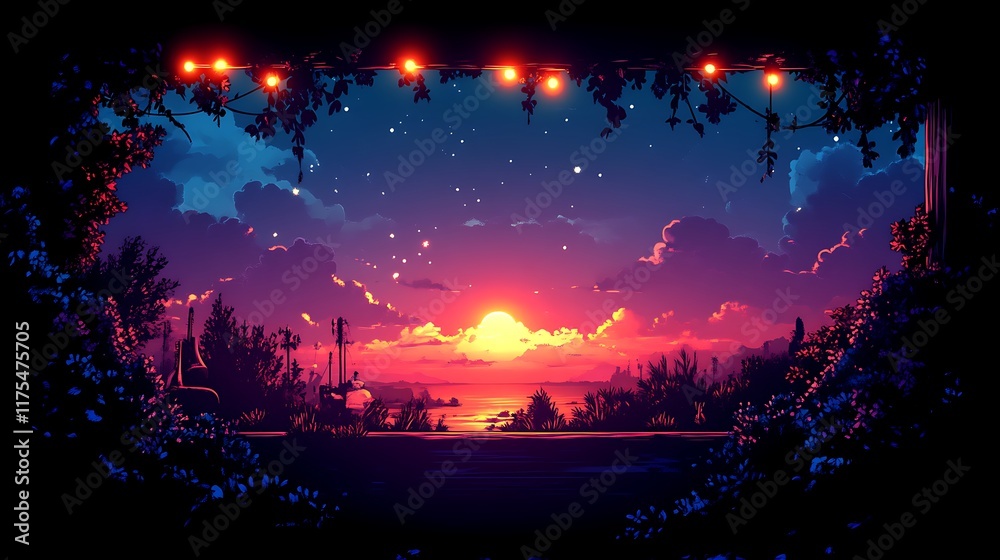 Naklejka premium Serene Sunset Landscape Framed By Lush Nighttime Foliage