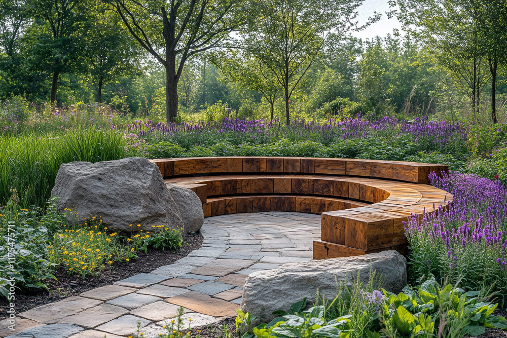Circular Wooden Bench in a Serene Garden Setting Circular Wooden Bench in a Serene Garden Setting
