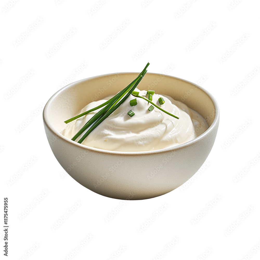creamy sour cream in bowl, topped with a bit of tiny chive, tasty, on white background creamy sour cream in bowl, topped with a bit of tiny chive, tasty, on white background
