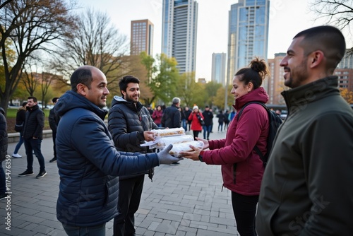 A volunteer is handing out hot meals to homeless people in a busy city park. The background features tall buildings, trees, and people walking by photo