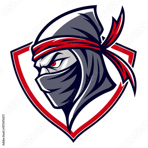 A fierce and dynamic angry ninja head logo, designed in a bold and cool style. This front-view badge is perfect for e-sports teams or gaming brands, featuring vibrant colors that stand out photo