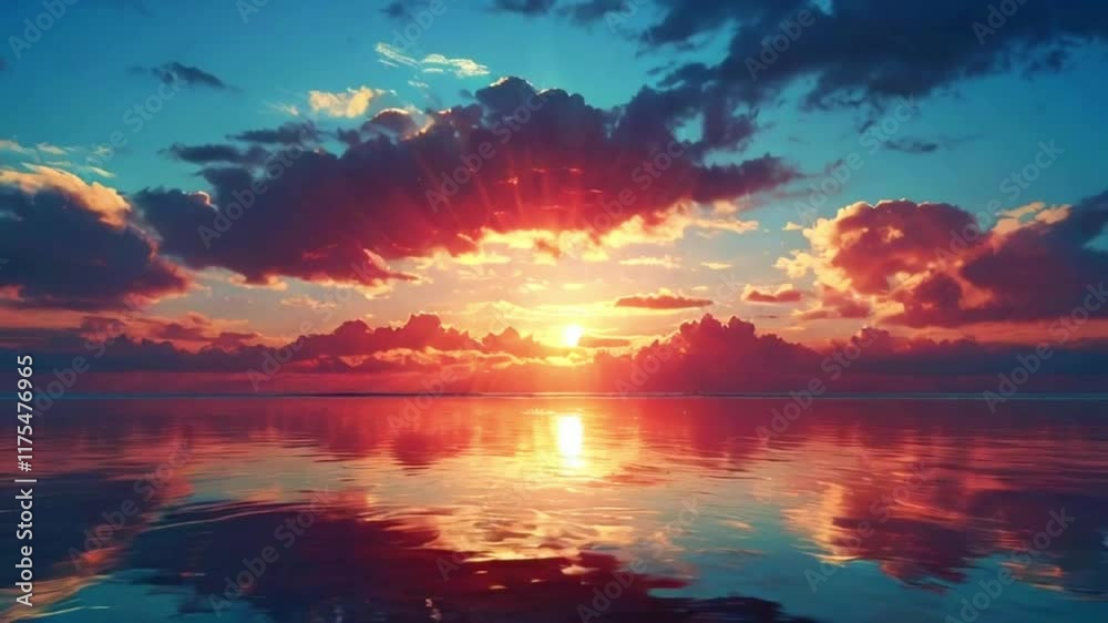A fantasy sunset where the sun's rays shimmering rainbow reflected on a glassy ocean with clouds shaped like mythical creatures, 2D flat anime style illustration, 4k landscape animation video