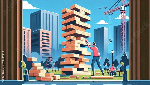 Man carefully removing wooden block from giant jenga tower in city park