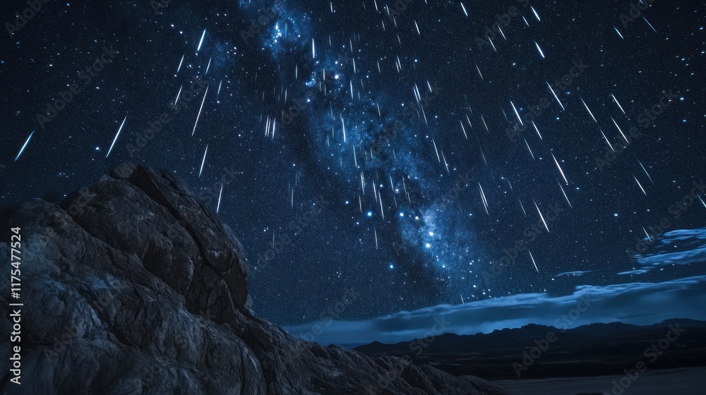 Majestic Milky Way galaxy with meteor shower over rocky landscape at night. Majestic Milky Way galaxy with meteor shower over rocky landscape at night.