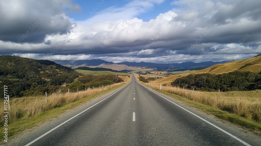 An open road stretching into the horizon with dramatic clouds above, inviting exploration and freedom An open road stretching into the horizon with dramatic clouds above, inviting exploration and freedom