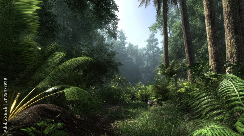 Fototapeta premium Lush forest scene with dense greenery and sunlight filtering through.