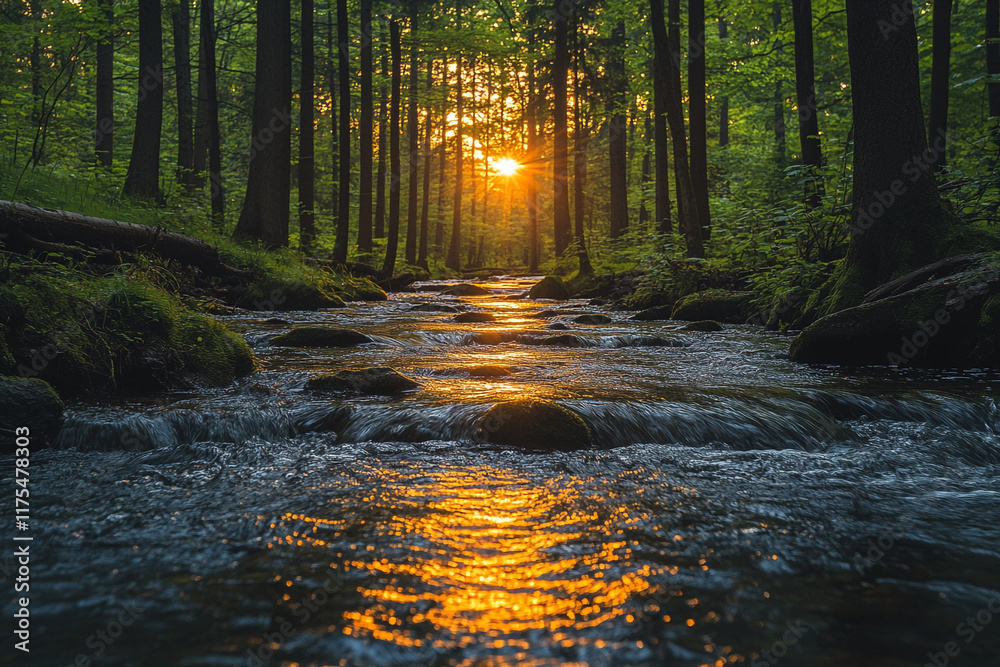 Obraz premium Sunset illuminating a forest stream flowing through trees