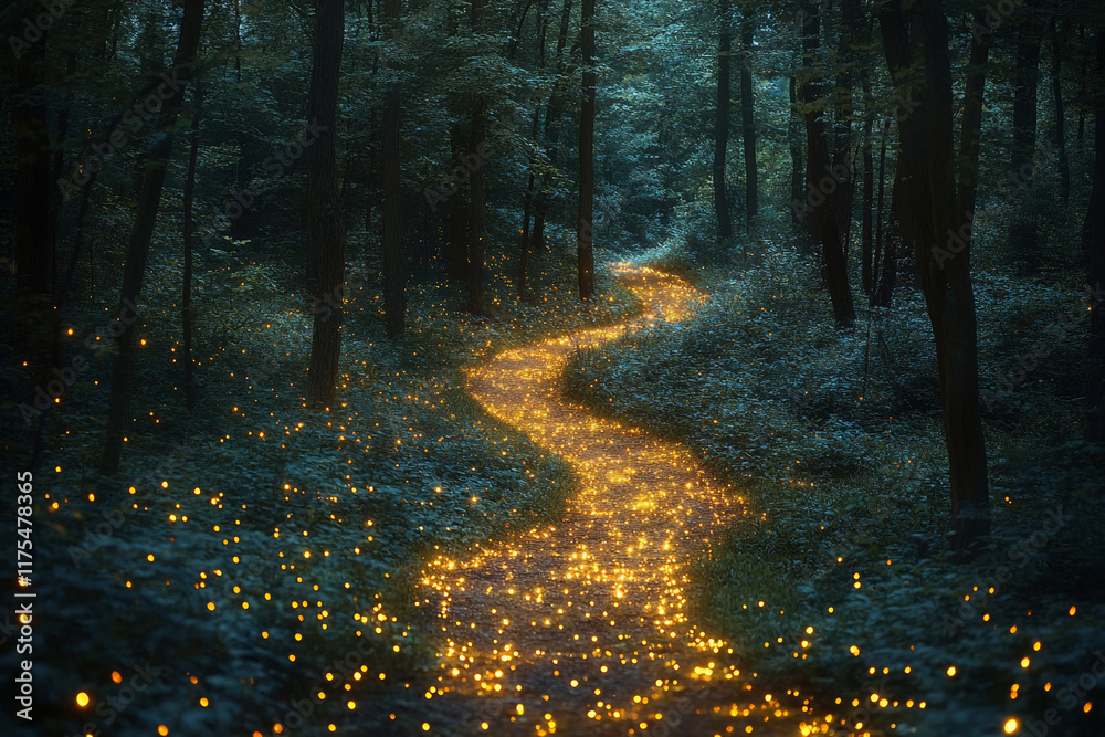 Obraz premium Firefly Lit Path Winding Through A Dark Forest
