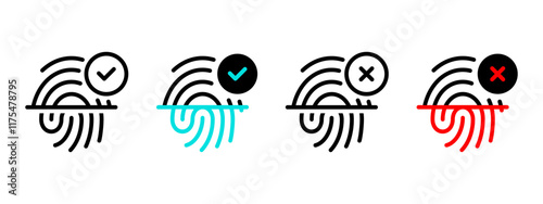 Fingerprint scanning status icon set. Fingerprint scan vector illustration. ID check access granted or rejected sign. Thumb print verification status. Finger imprint signature symbol. Touch protection