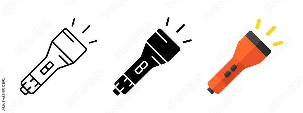 Obraz premium Flashlight icon. Portable flashlight vector illustration. Bright pocket lighter symbol. Electric handle lantern sign. Flash light tool pictogram. Spotlight lamp tool. Electricity lighting concept.