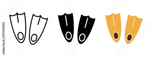 Diving flippers icon. Swimming fin vector illustration. Snorkeling symbol. Dive underwater equipment. Aquatic swimwear sign. Pair of diving flippers pictogram. Swimming footwear concept.
