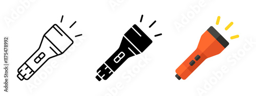 Flashlight icon. Portable flashlight vector illustration. Bright pocket lighter symbol. Electric handle lantern sign. Flash light tool pictogram. Spotlight lamp tool. Electricity lighting concept.