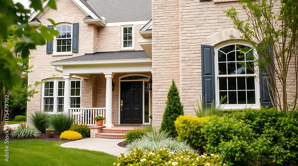 Two-story tan brick house with white trim, landscaping, and dark-colored entry door. The house features multiple windows with dark shutters and a covered front porch. Two-story tan brick house with white trim, landscaping, and dark-colored entry door. The house features multiple windows with dark shutters and a covered front porch.