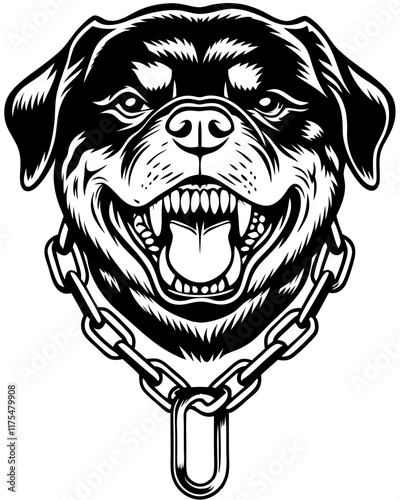 A fierce and intense Rottweiler logo featuring angry snarling, gritting teeth, evil eyes, and a chain collar. Perfect for bold, tough branding or sports teams photo