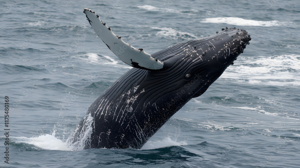 Fototapeta premium A humpback whale is elegantly jumping out of the water surface