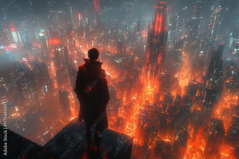 Fototapeta premium futuristic cyberpunk character depicted with vibrant neon colors and intricate details set against a hightech urban backdrop embodying the essence of a scifi world full of possibilities