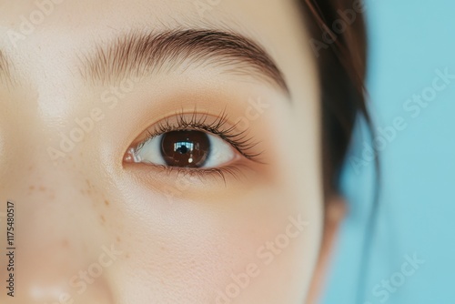 Serene Asian Woman with Single Eyelid and Winged Eyeliner on Blue and White Gradient Background - Natural Korean Beauty Aesthetic Close-up