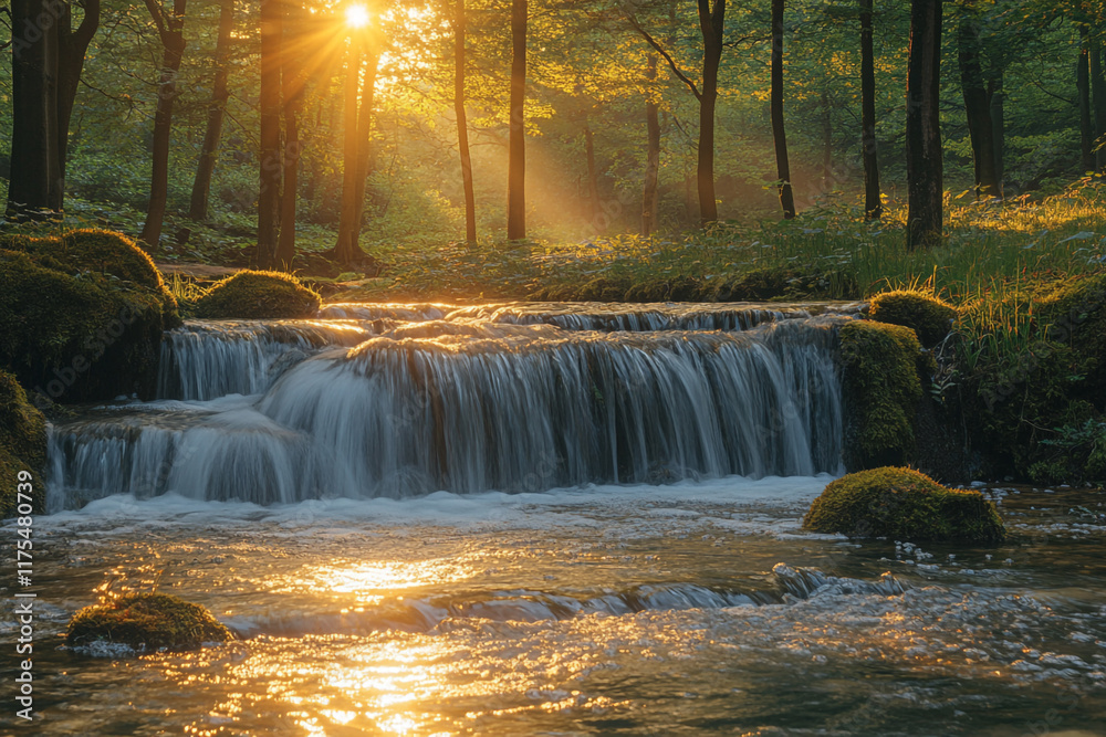 Fototapeta premium Sunlit Waterfall Cascading Through a Lush Forest