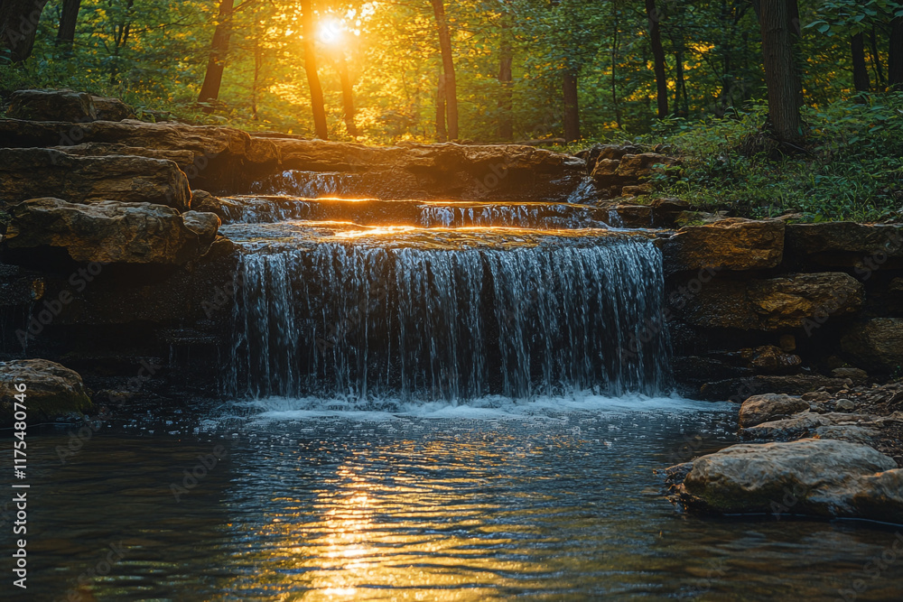 Fototapeta premium Serene Waterfall Cascading Through Forest Sunlight
