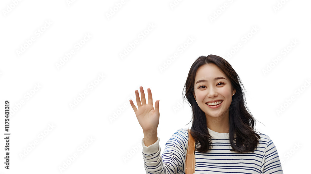 Lifestyle, people emotions and casual concept. Friendly cheerful asian woman smiling, saying hi and waving hand to greet person, make hello gesture, welcome someone Lifestyle, people emotions and casual concept. Friendly cheerful asian woman smiling, saying hi and waving hand to greet person, make hello gesture, welcome someone