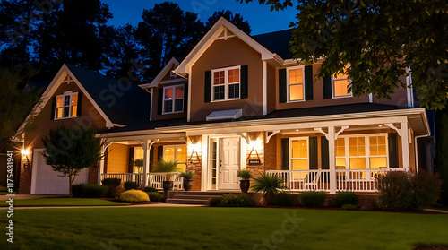 Two-story house at night, illuminated interior showing warm light.  Tan siding, white trim, large front porch, and landscaping visible.  Part of a attached garage is also shown.