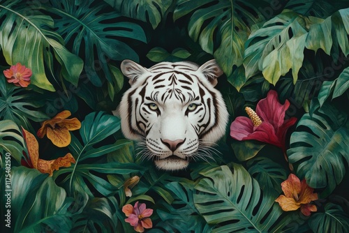 White Tiger Amidst Lush Tropical Foliage and Flowers photo