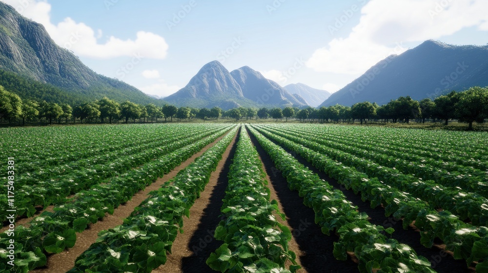 Lush green fields with mountains in the background under a blue sky. Lush green fields with mountains in the background under a blue sky.