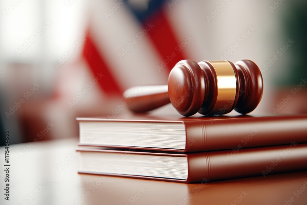 Symbolic representation of justice with a judges gavel resting on law books alongside the American flag in a legal setting Symbolic representation of justice with a judges gavel resting on law books alongside the American flag in a legal setting