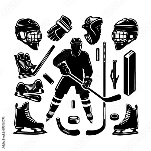 Ice hockey equipment silhouette vector. Hockey elements vector set silhouette illustration 