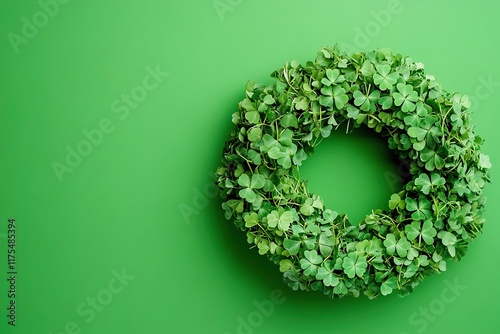 Lush green wreath adorned with vibrant leaves against bold backd photo