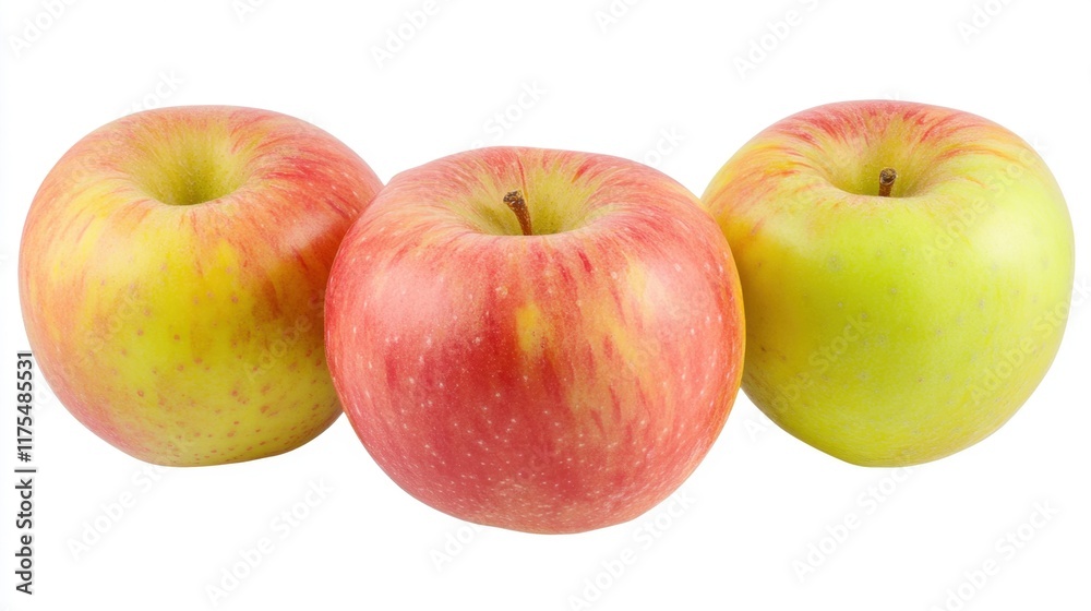 Three apples in red, yellow, and green, neatly arranged in a row, isolated on a white background for a clean and vibrant presentation. Three apples in red, yellow, and green, neatly arranged in a row, isolated on a white background for a clean and vibrant presentation.