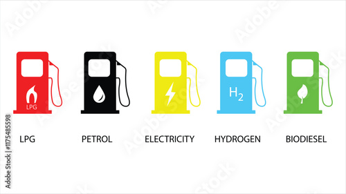 Fuel icons concept design illustration. LPG, petrol, electricity, hydrogen and biodiesel