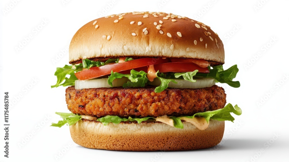 Fresh Plant-Based Hamburger with Crispy Patty, Lettuce, Tomato, and Sesame Seed Bun on White Background Fresh Plant-Based Hamburger with Crispy Patty, Lettuce, Tomato, and Sesame Seed Bun on White Background